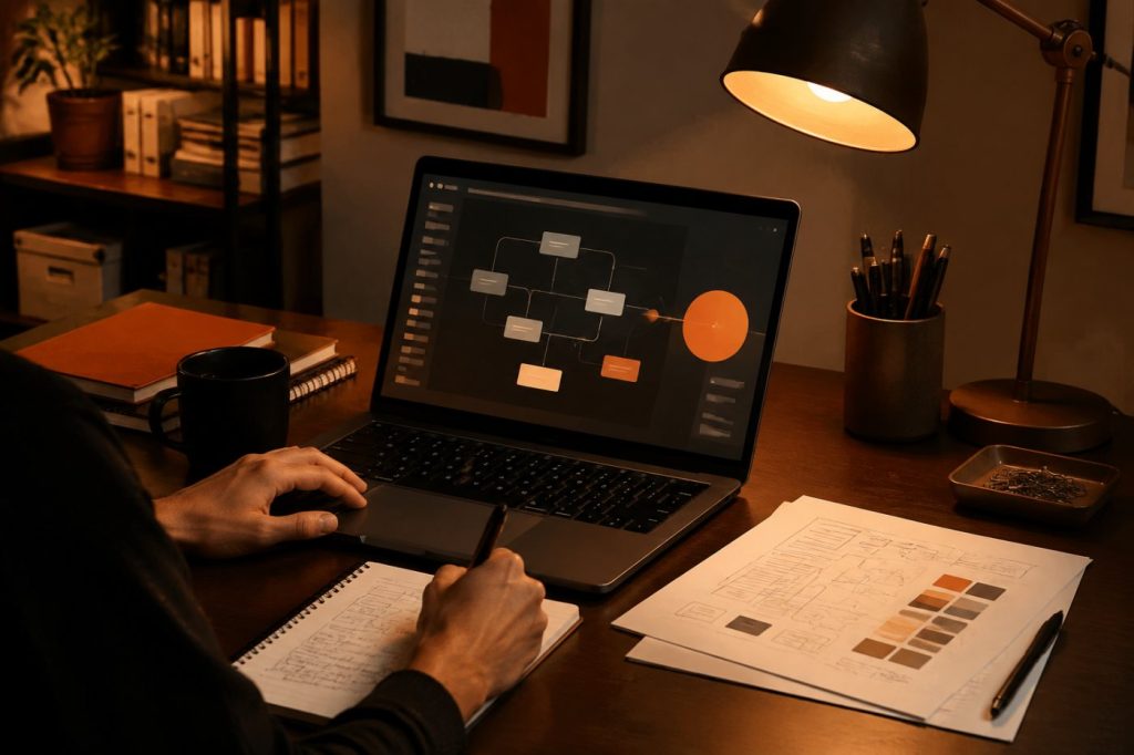 A warm desk with a laptop displaying an abstract workflow