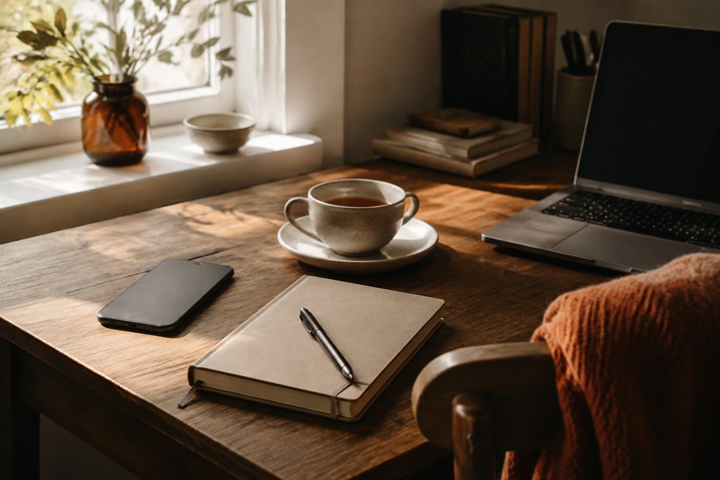 A quiet sunlit desk with a notebook, tea, laptop, and phone