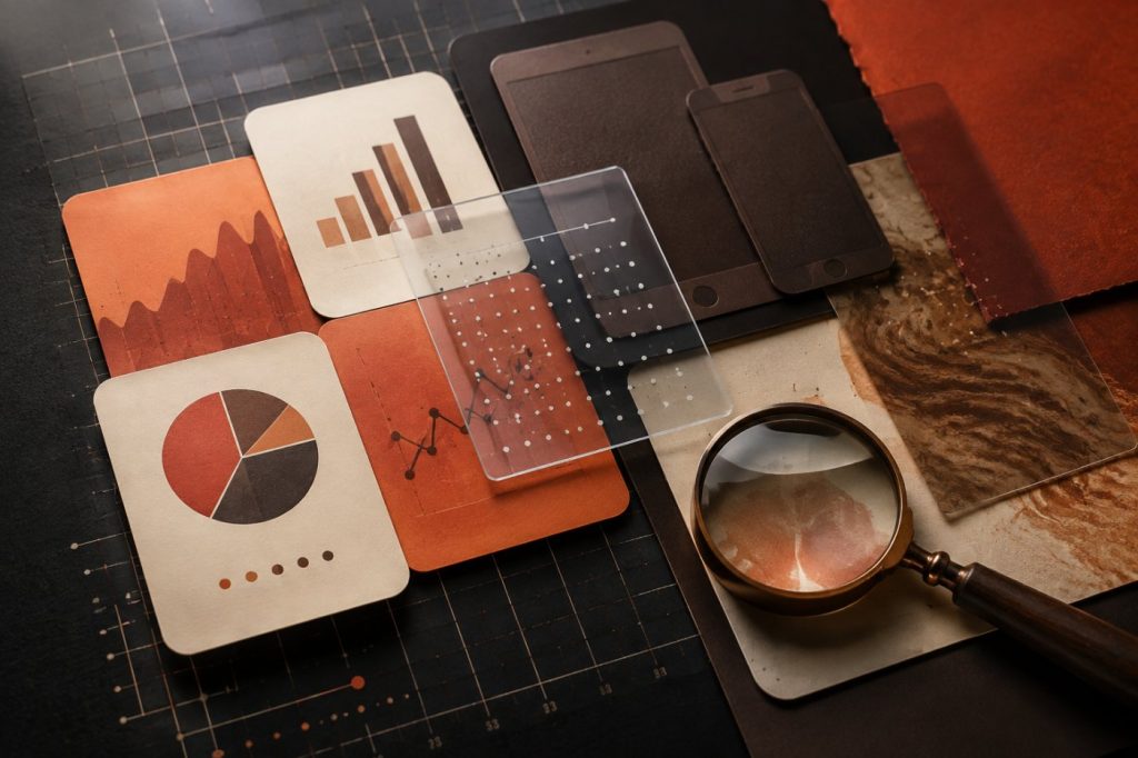 Editorial cards, charts, glass layers, and a magnifying lens